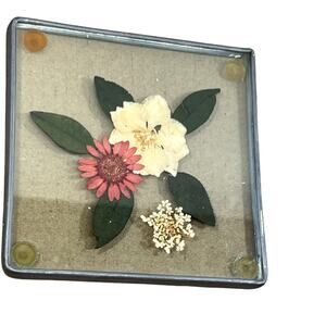 1 White pink Real Pressed Flower Coaster Metal and Glass for Home Deco drink